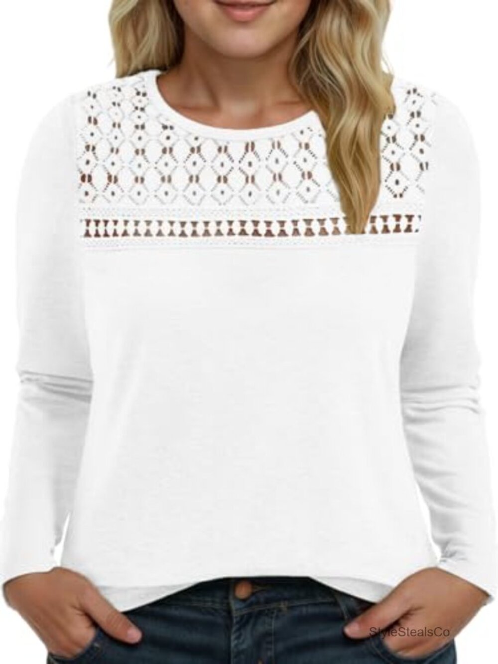 Plus Size Lace Crewneck Long Sleeve Tunic Top Loose Fit Casual Blouse